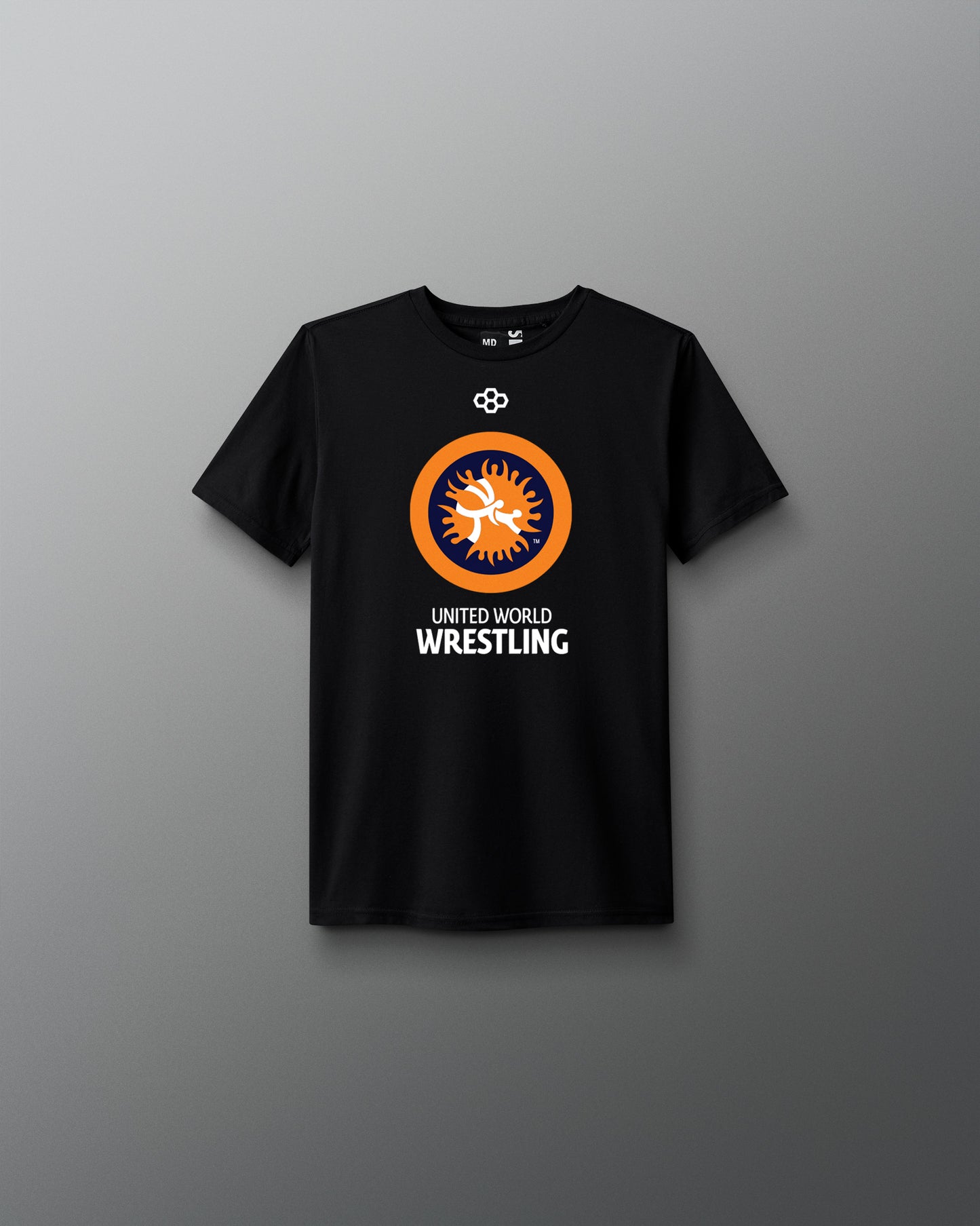 Black t-shirt with a United World Wrestling (UWW) logo and text on a gray background