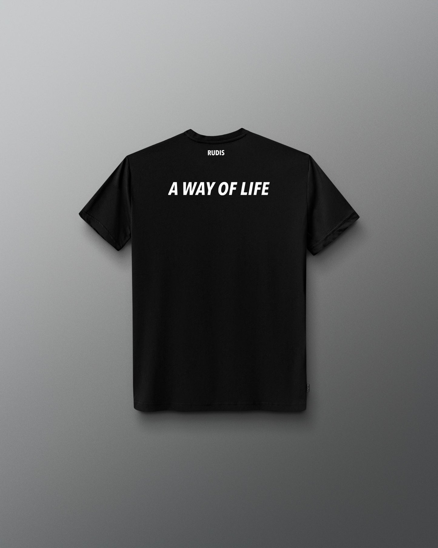 Black t-shirt with 'A Way of Life' text on a gray background