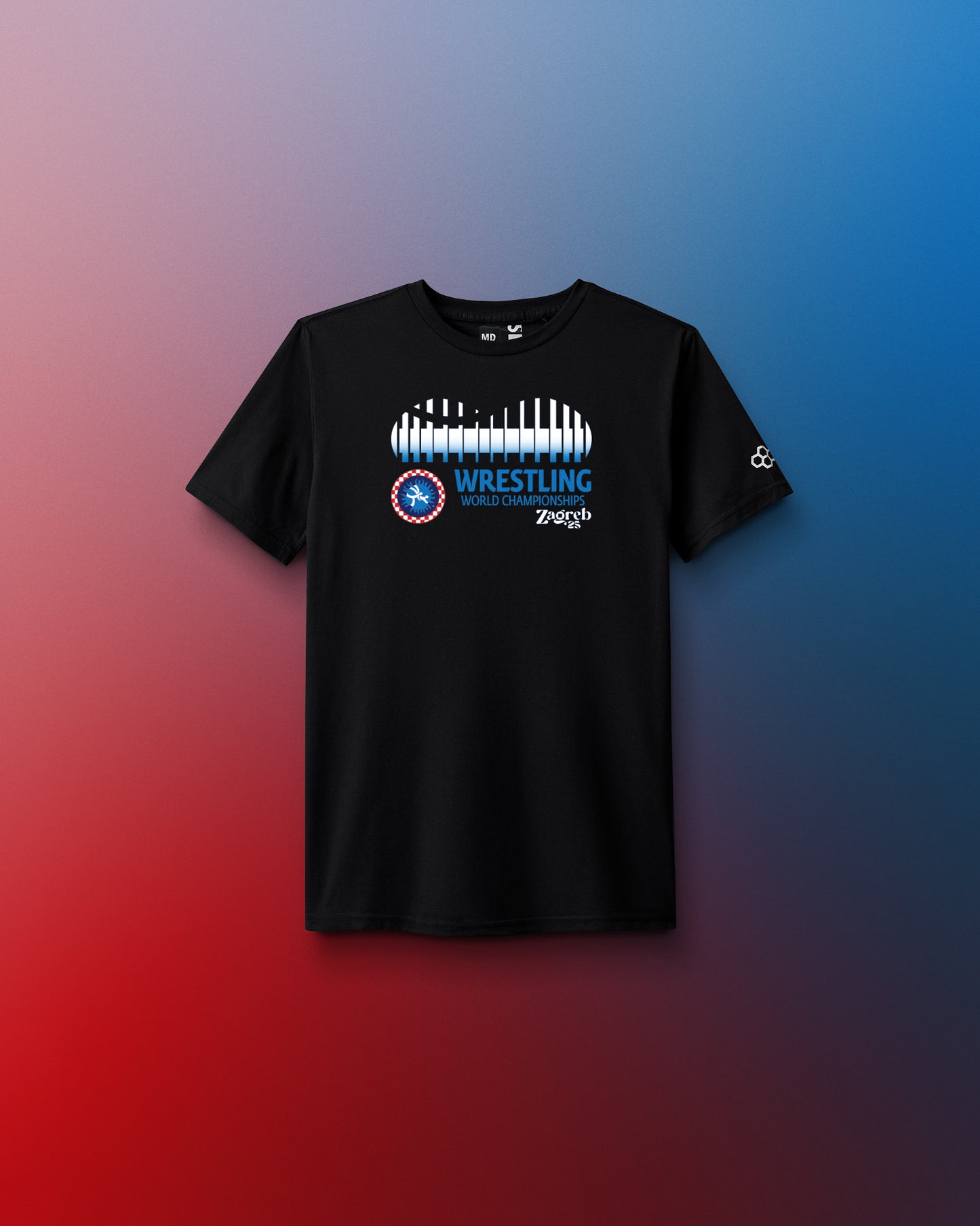 Black t-shirt with wrestling World championships graphic on a gradient background. United World Wrestling, Zagreb