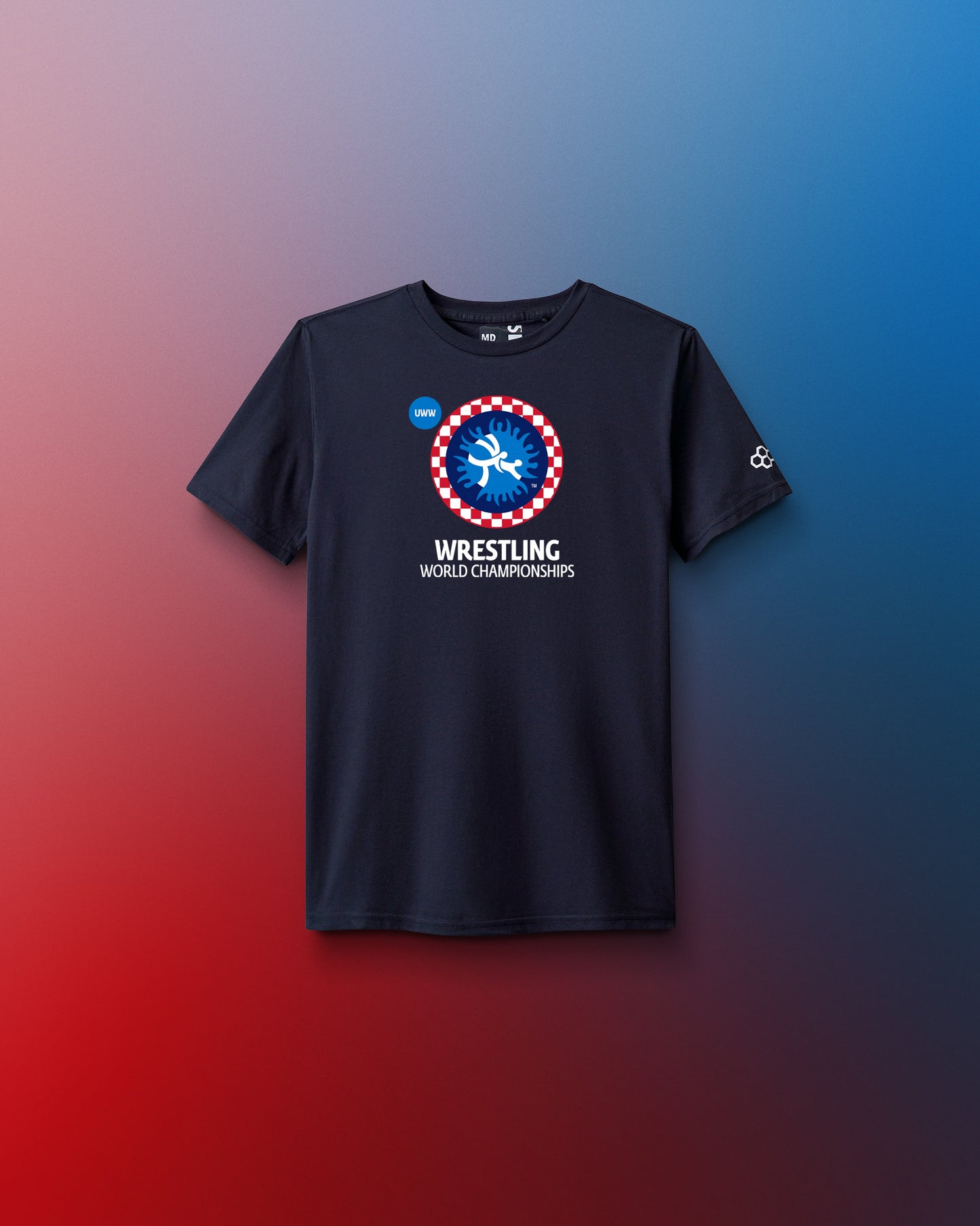 Black t-shirt with wrestling world championships logo on a gradient background. United World Wrestling, Zagreb