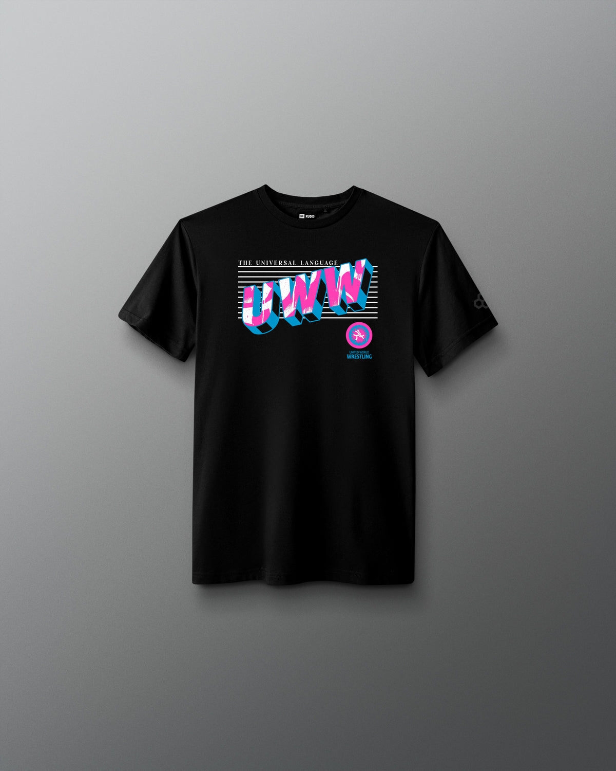 Black RUDIS UWW Graffiti Youth Elite Supersoft T-Shirt shown from the front, featuring a bold dimensional “UWW” graphic in pink, cyan, and white with “The Universal Language” and United World Wrestling branding across the chest. A tonal RUDIS mark accents the sleeve.