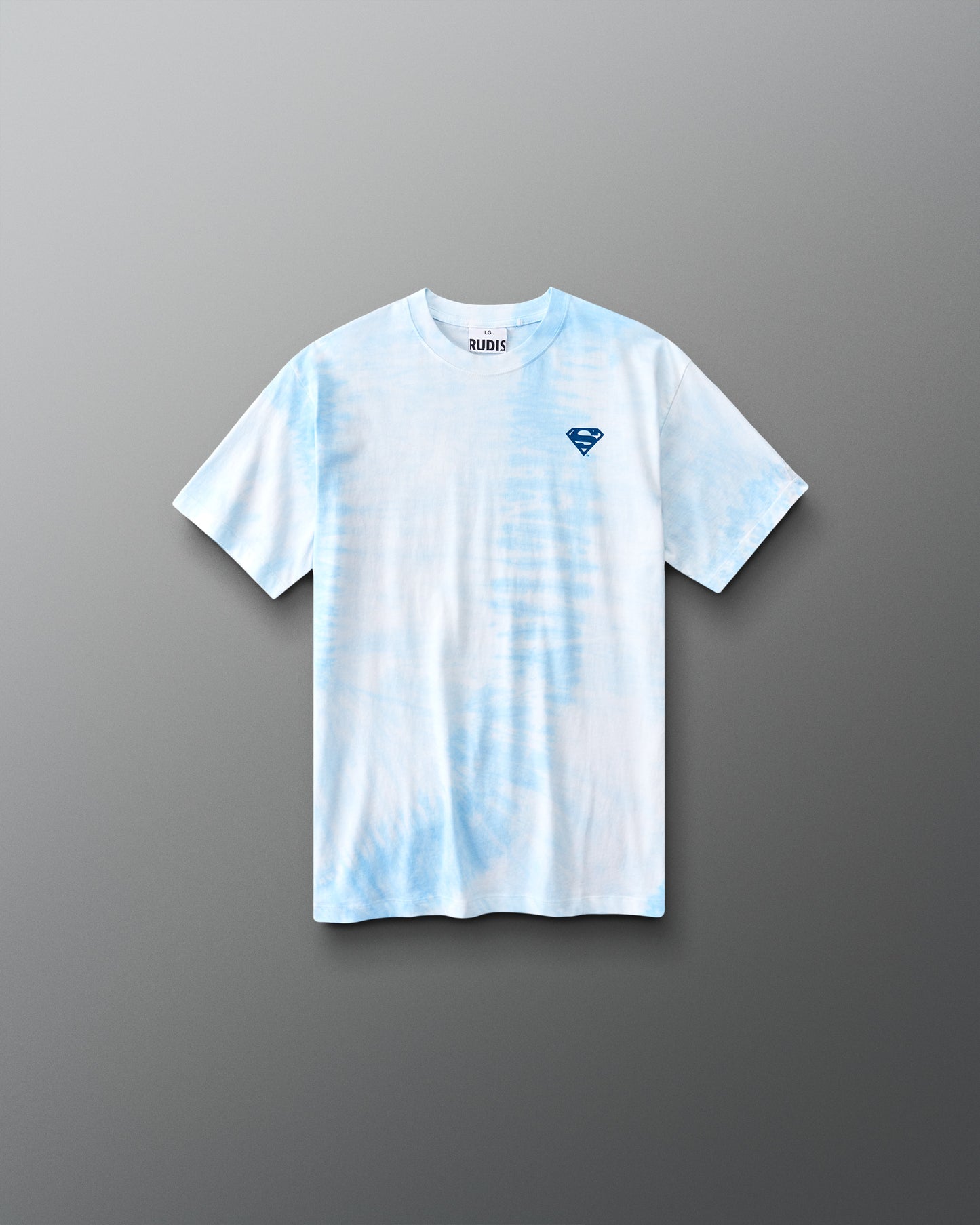 RUDIS Superman Comic Youth Classic Cotton T-Shirt in blue tie-dye with a blue Superman shield logo on the chest.