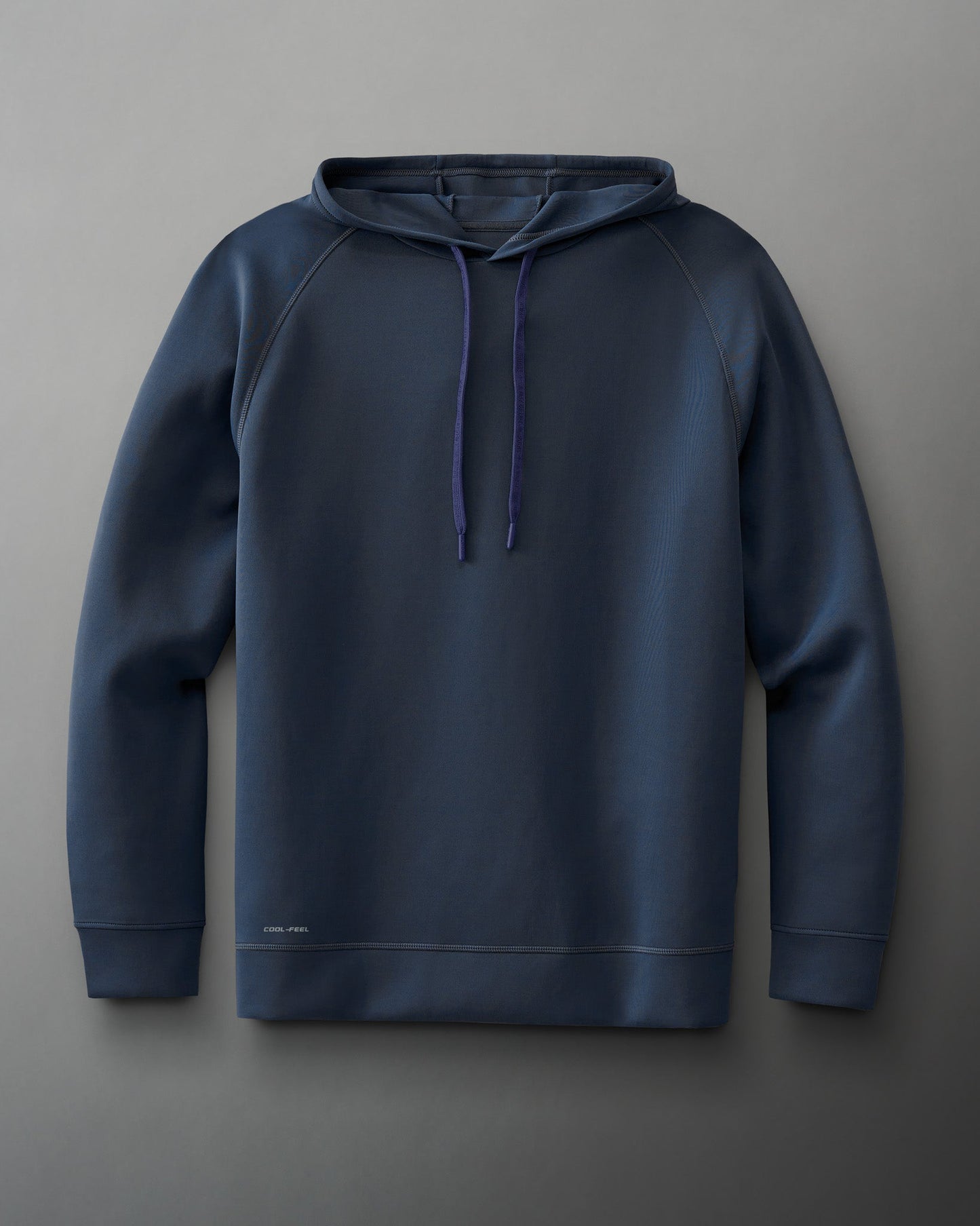 A dark blue hoodie with a minimalist design, featuring purple drawstrings and smooth fabric, suitable for casual wear.