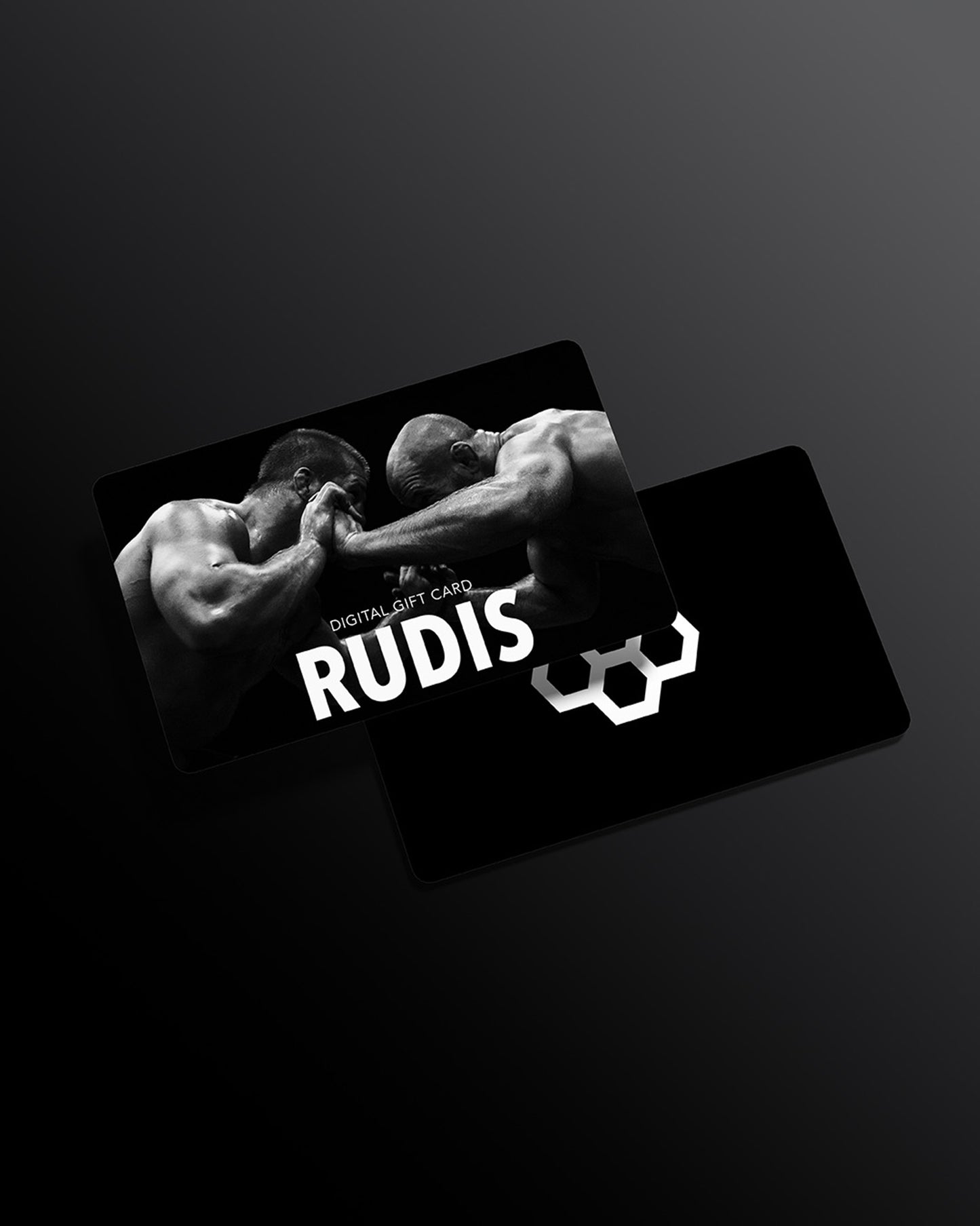 Digital gift card with a muscular figure and 'RUDIS' branding on a dark background