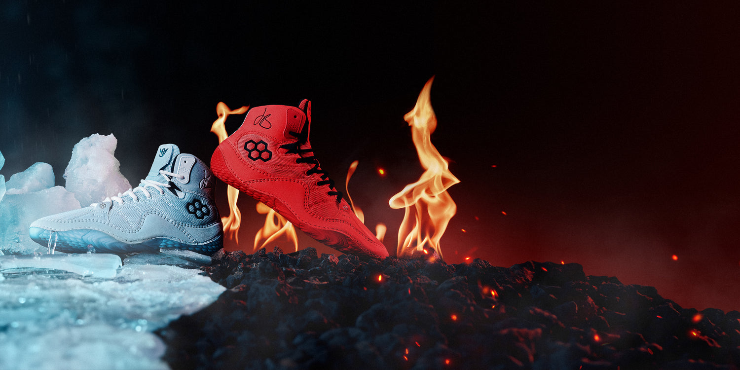 JB1 wrestling shoes RUDIS Fire and Ice colorways, red and white wrestling shoes representing heat and cold performance design