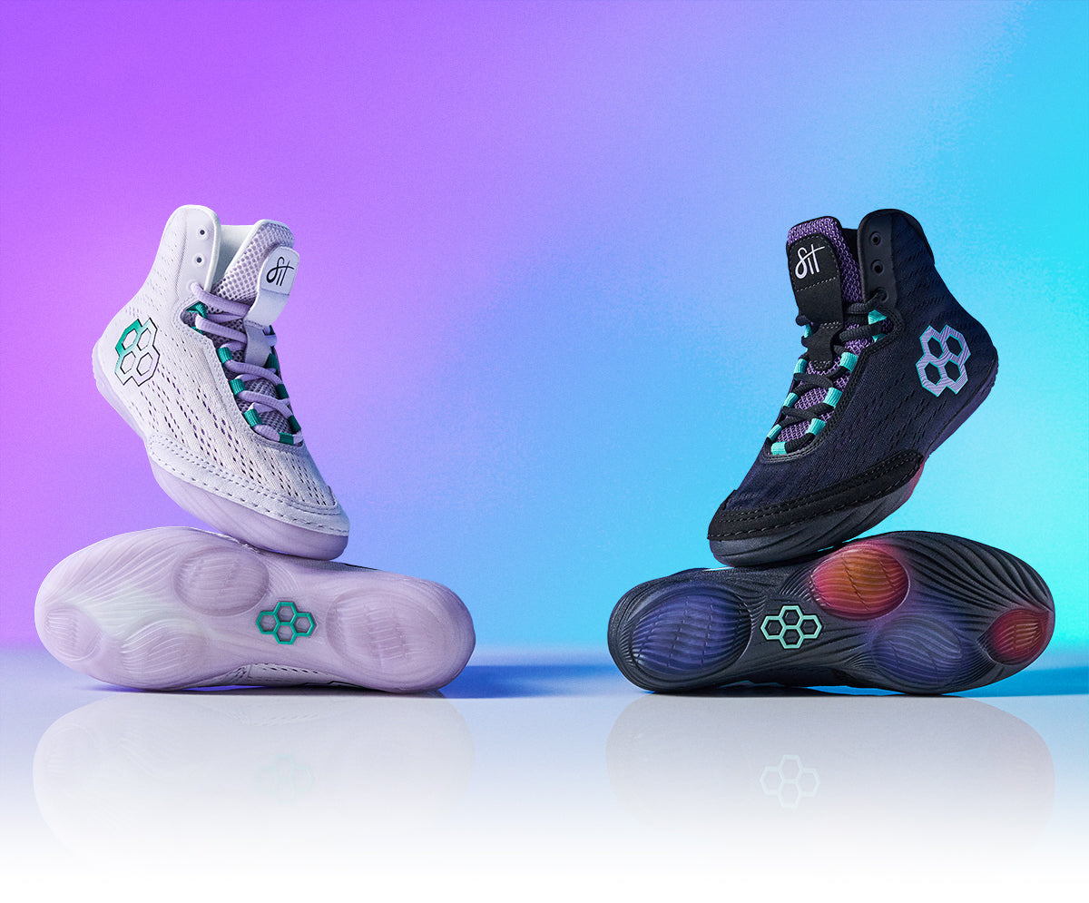 RUDIS Sarah Hildebrandt signature wrestling shoes – Electric Lilac and Metamorphosis Black colorways – designed for elite women’s wrestling performance with lightweight build, superior grip, and bold style.