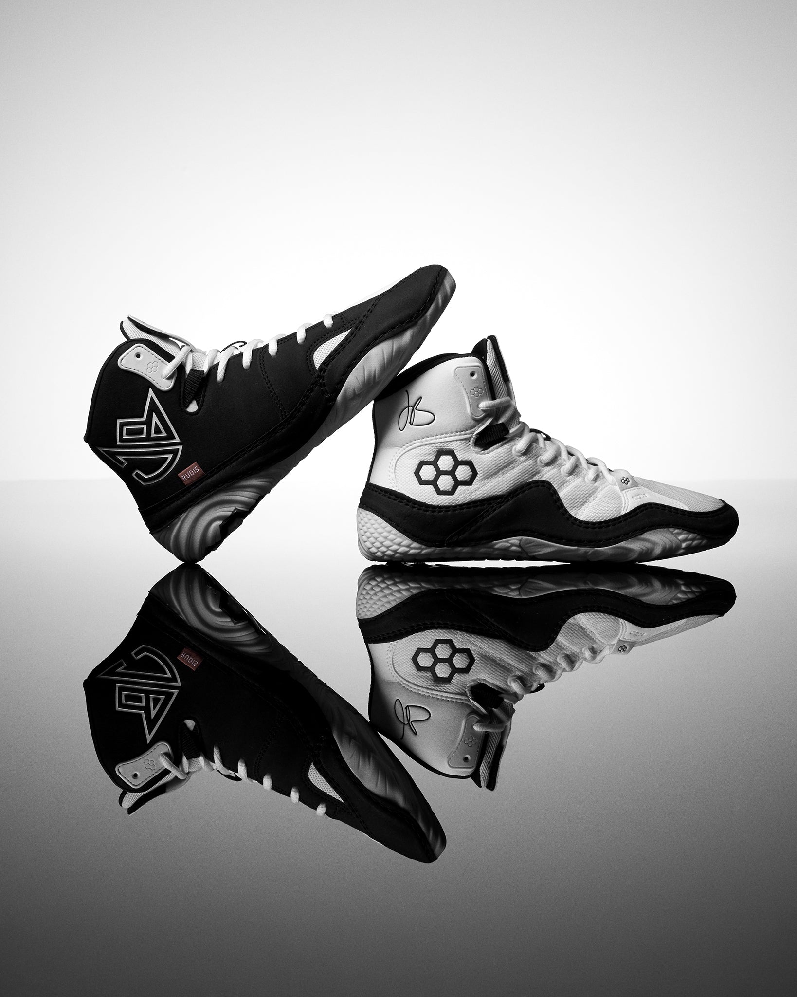 JB1 wrestling shoes lightweight design by RUDIS, black and white wrestling shoes built for speed and agility