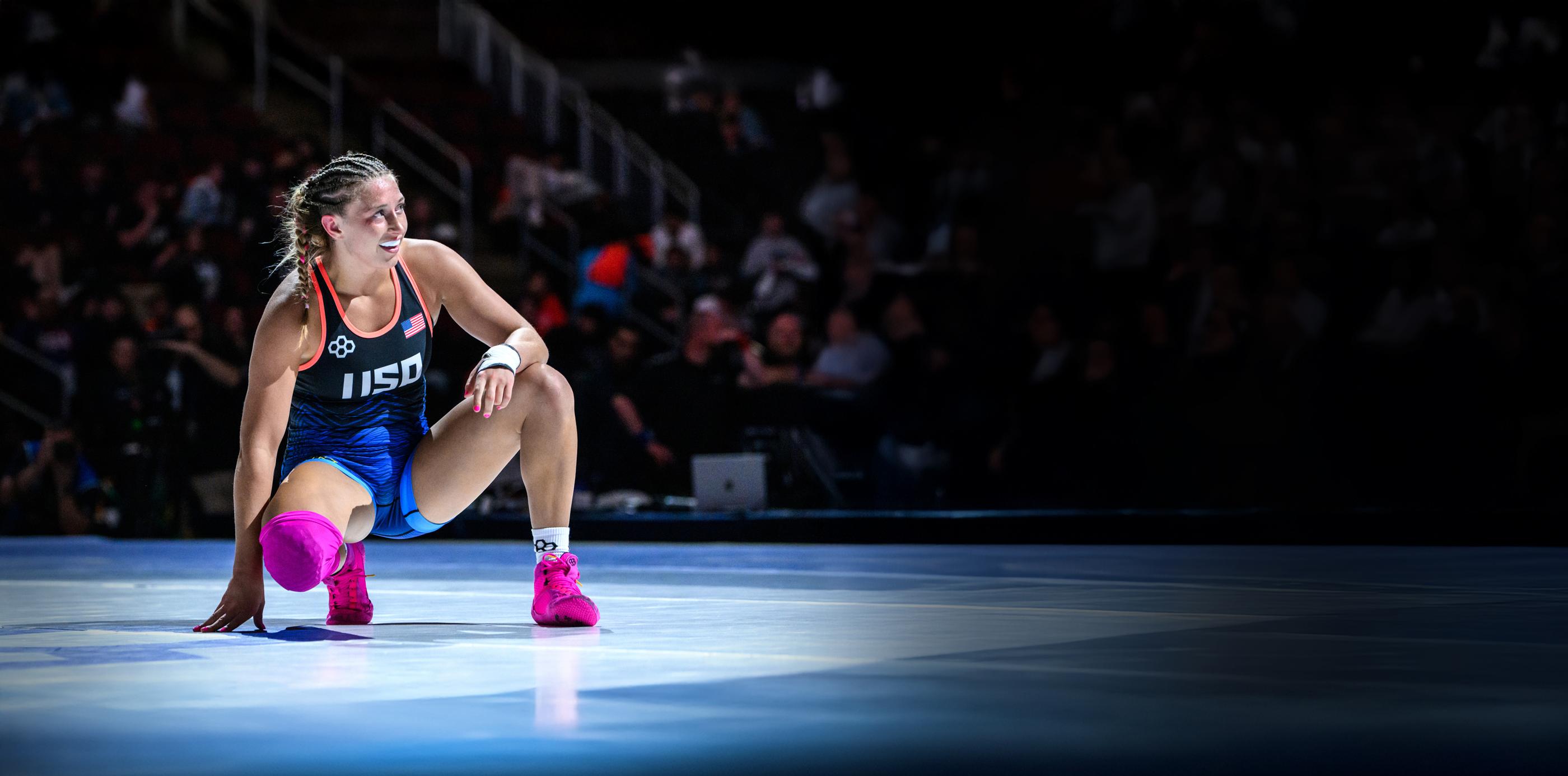 RUDIS Alpha 2.0 wrestling shoes in Happy Pink worn by Kylie Welker competing at Final X showcasing speed, grip, and control in match performance