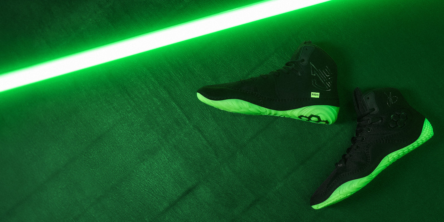 JB1 wrestling shoes RUDIS Make Your Own Luck limited edition, black and green wrestling shoes designed for performance and grip