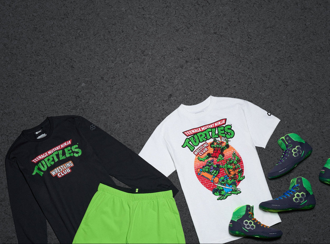 Collection of 'Teenage Mutant Ninja Turtles' themed clothing and shoes on a dark textured background
