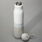 A sleek insulated white water bottle with a gray textured base and a detachable cap featuring a lace attachment
