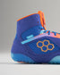 A vibrant blue wrestling shoe featuring orange and teal accents designed for optimal grip and support