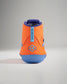 A rear view of a vibrant orange athletic shoe featuring a textured blue sole and mesh detailing for breathability and support