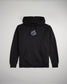 A black hoodie featuring a prominent logo that reads A WAY OF LIFE and distinct design elements including a zippered neck and yellow stripes on the shoulder