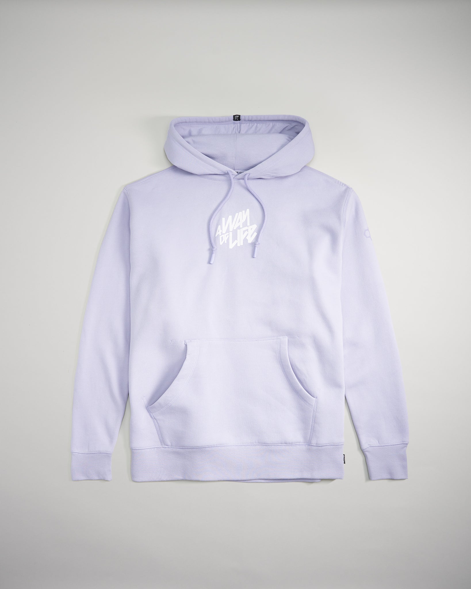 A light lavender hoodie featuring a front pocket and the phrase A Way of Life emblazoned in white script on the chest