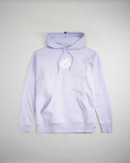 A light lavender hoodie featuring a front pocket and the phrase A Way of Life emblazoned in white script on the chest