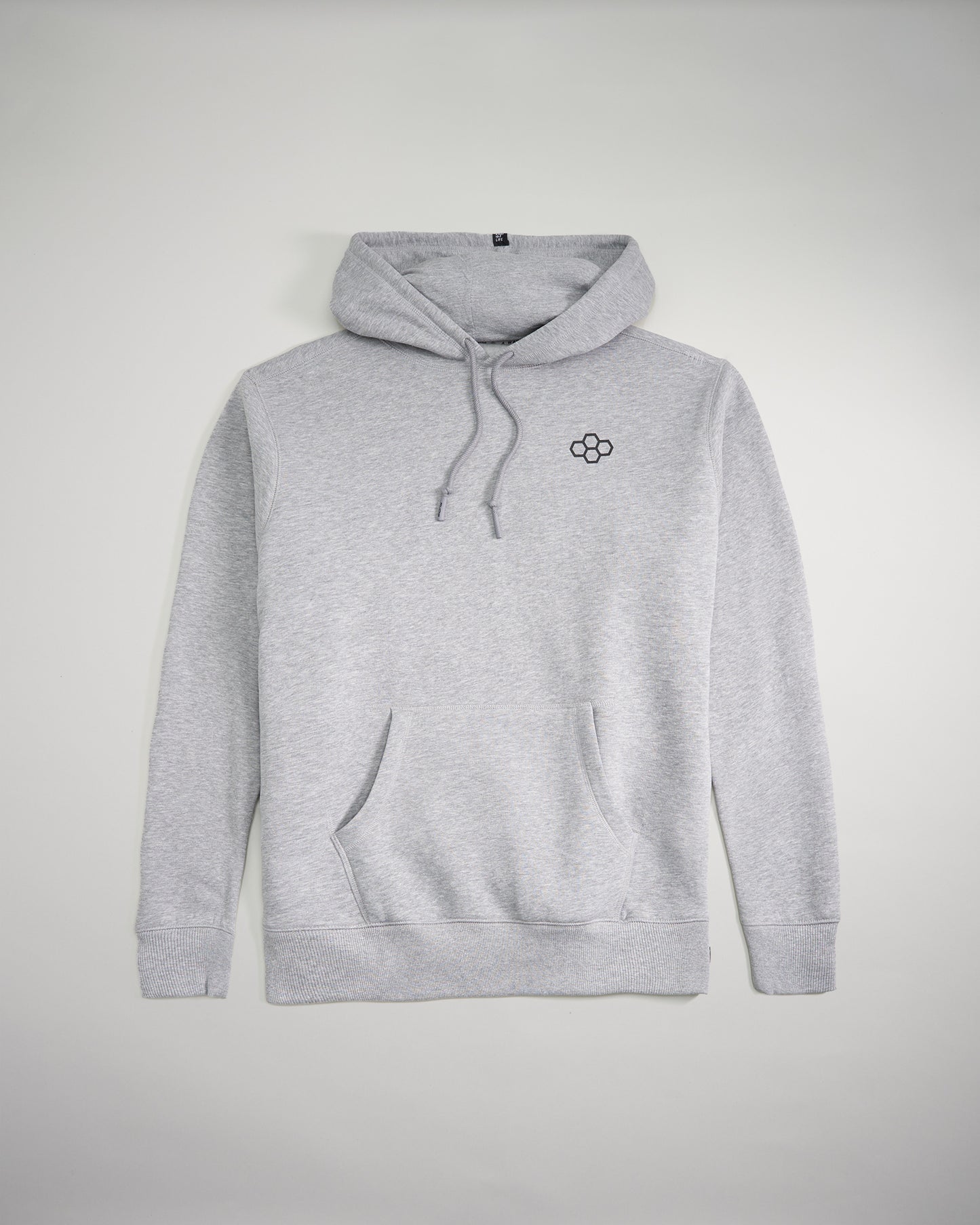 This image displays a gray hooded sweatshirt with a simple black logo design on the chest set against a light background