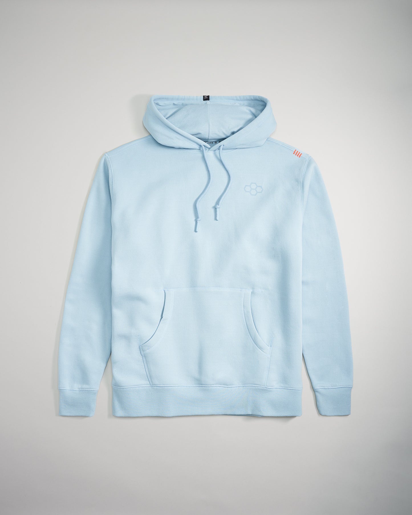 A light blue hoodie featuring a kangaroo pocket and a subtle logo on the chest displayed against a neutral background
