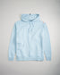 A light blue hoodie featuring a kangaroo pocket and a subtle logo on the chest displayed against a neutral background