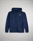 This image features a navy blue hoodie designed for casual wear showcasing a minimalist aesthetic with a distinctive logo and practical details