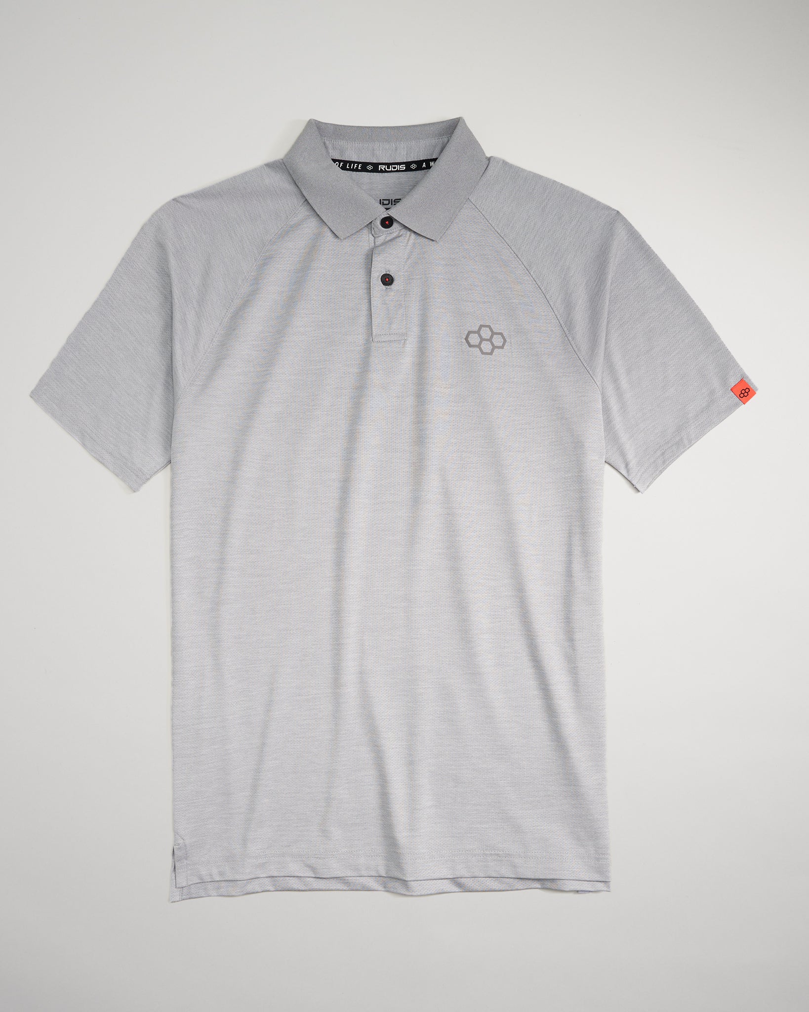 A light gray polo shirt featuring a classic collar subtle striped pattern and a logo on the chest