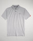 A light gray polo shirt featuring a classic collar subtle striped pattern and a logo on the chest