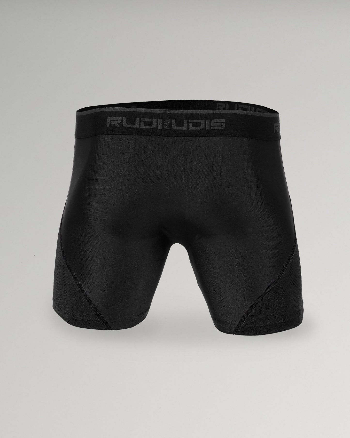 This image displays a pair of sleek black athletic shorts with a smooth finish designed for comfort and performance featuring a fitted cut and subtle branding along the waistband