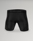 This image displays a pair of sleek black athletic shorts with a smooth finish designed for comfort and performance featuring a fitted cut and subtle branding along the waistband