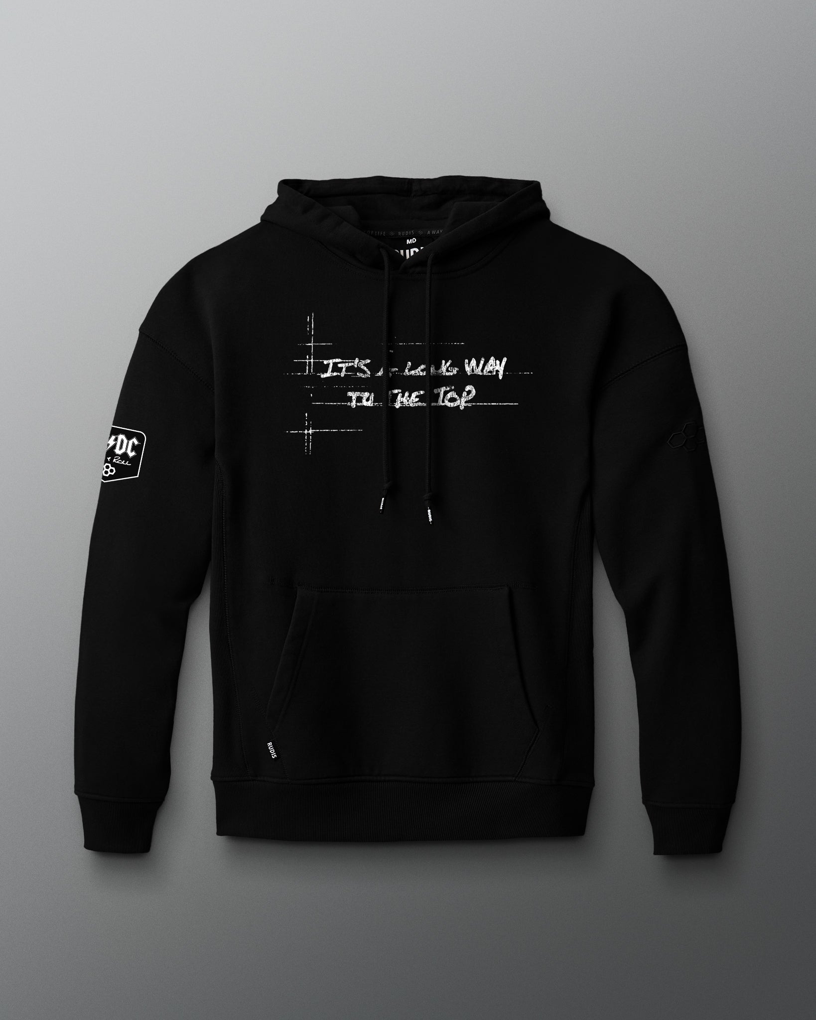 Black hoodie with text design on a gray background