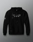 Black hoodie with text design on a gray background
