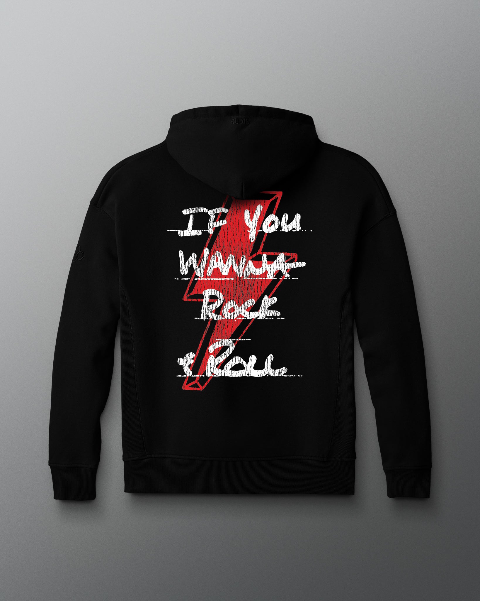 Black hoodie with red lightning bolt and white text on a gray background