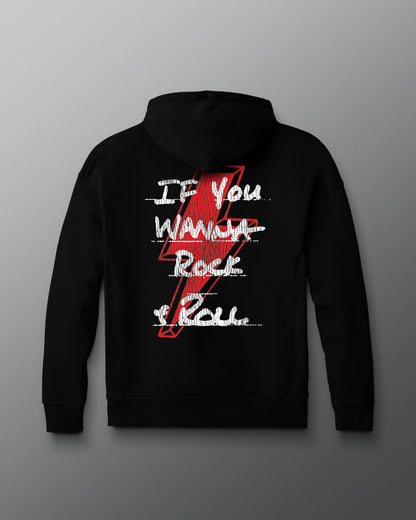 Black hoodie with red lightning bolt and white text on a gray background