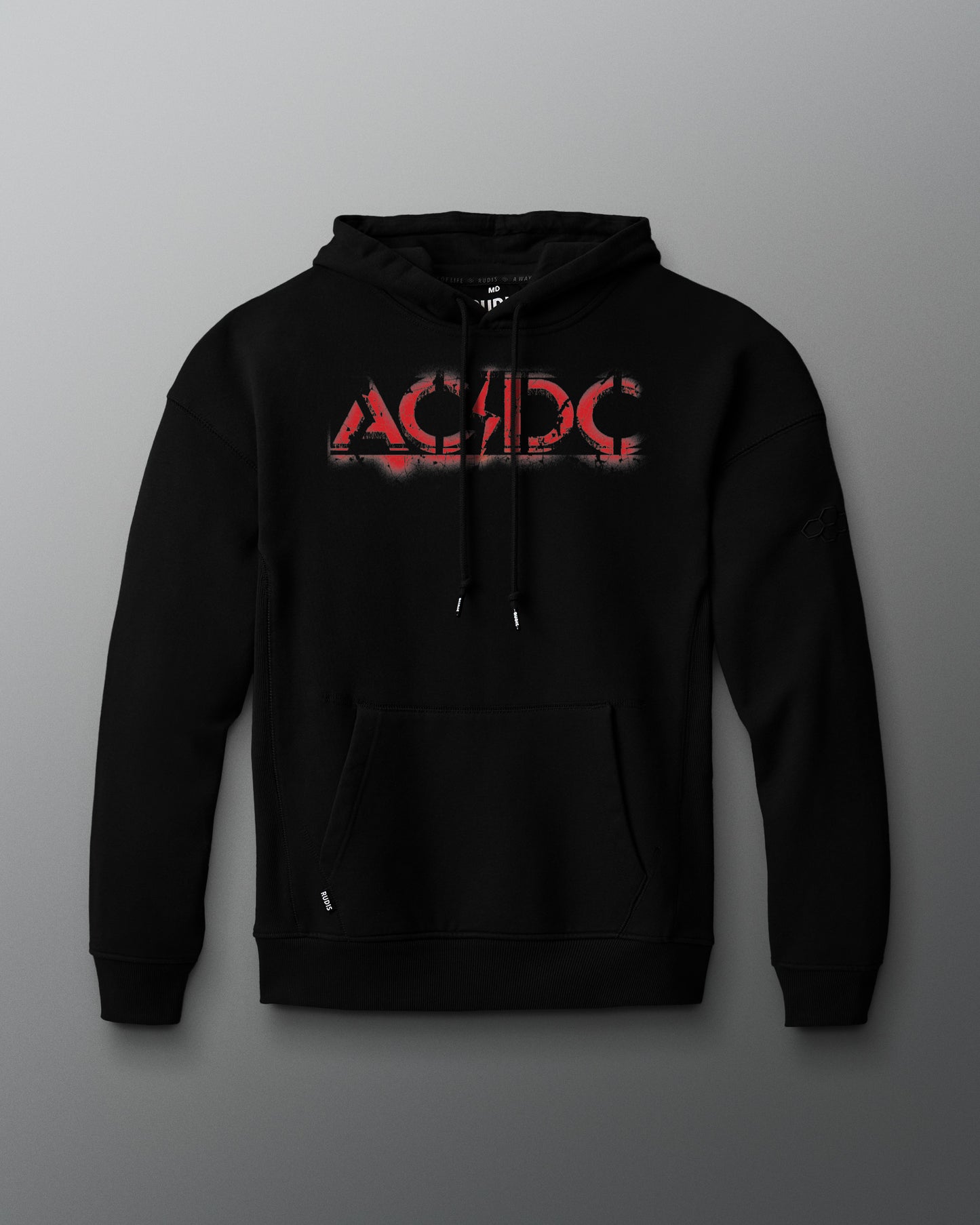 Black hoodie with AC/DC logo on a gray background
