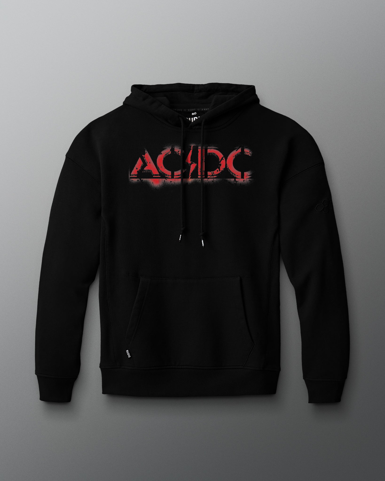 Black hoodie with AC/DC logo on a gray background