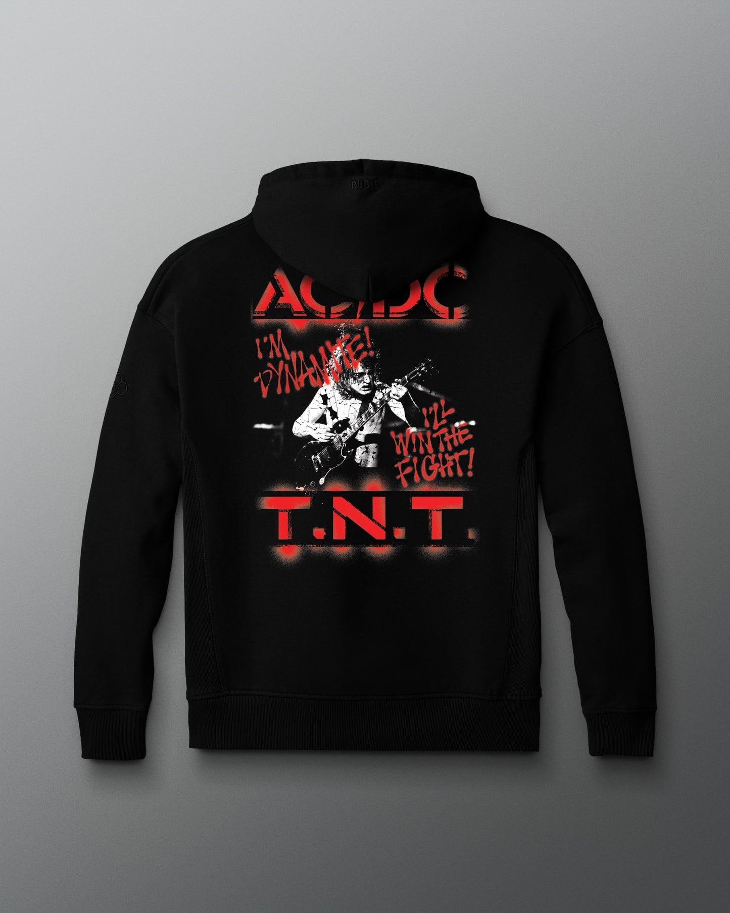 Black hoodie with AC/DC graphic design on a gray background