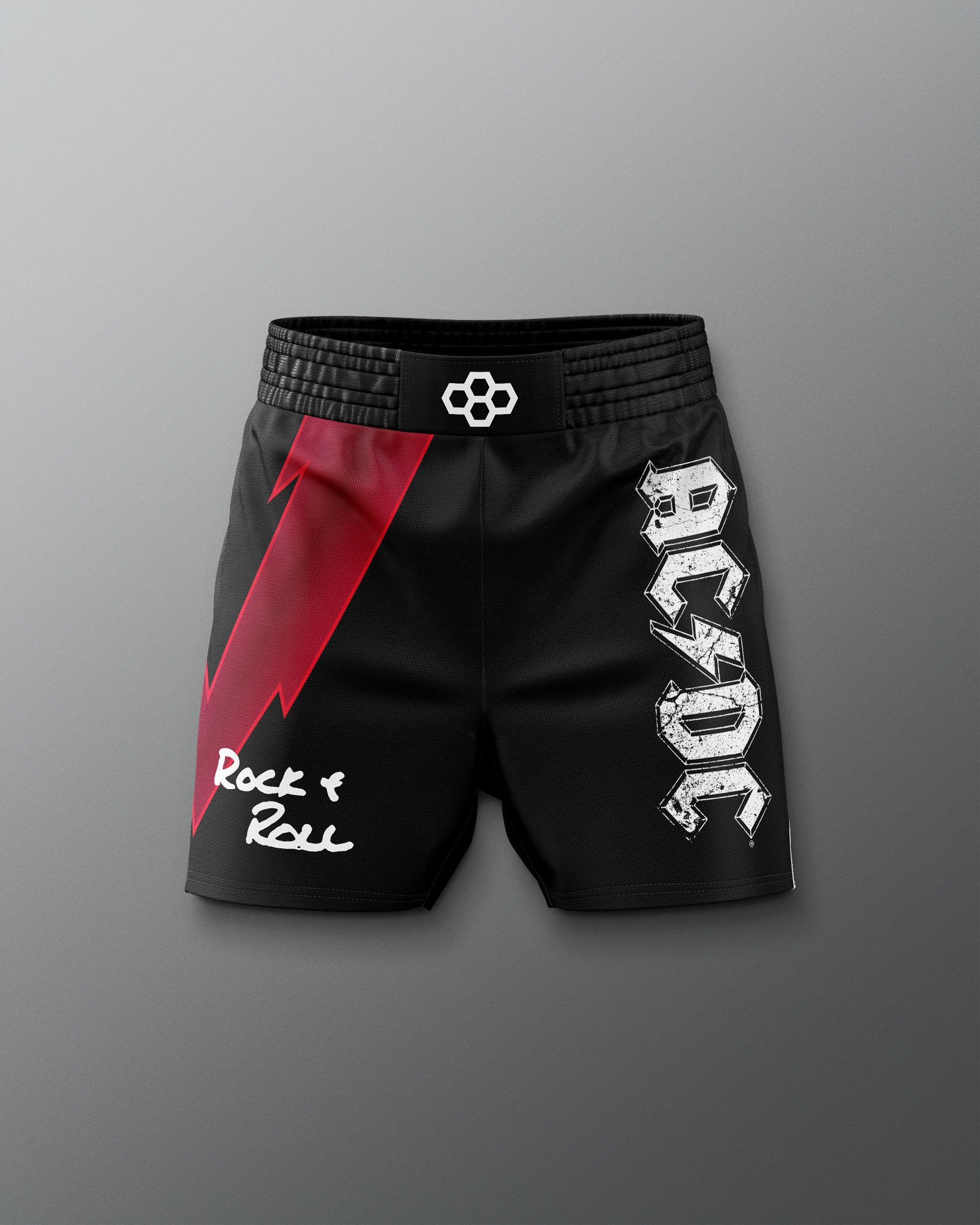 Black shorts with AC/DC logo and 'Rock & Roll' text on a gray background