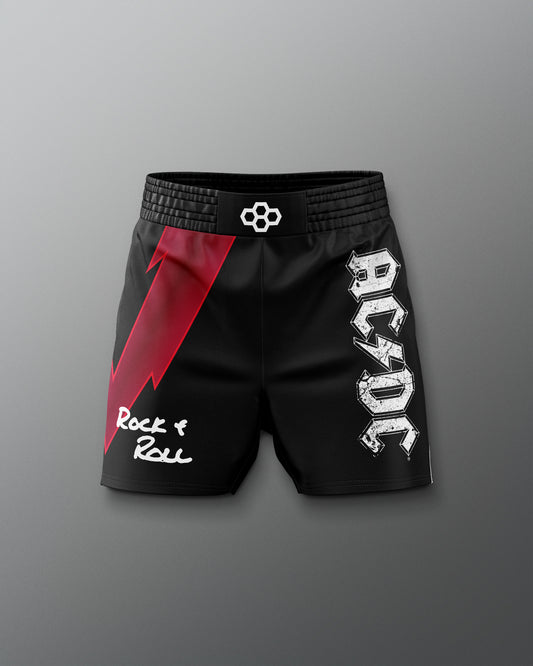 Black shorts with AC/DC logo and 'Rock & Roll' text on a gray background
