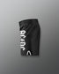 Black shorts with a white logo on a gray background