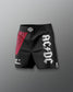 Black shorts with red accents and white text on a gray background