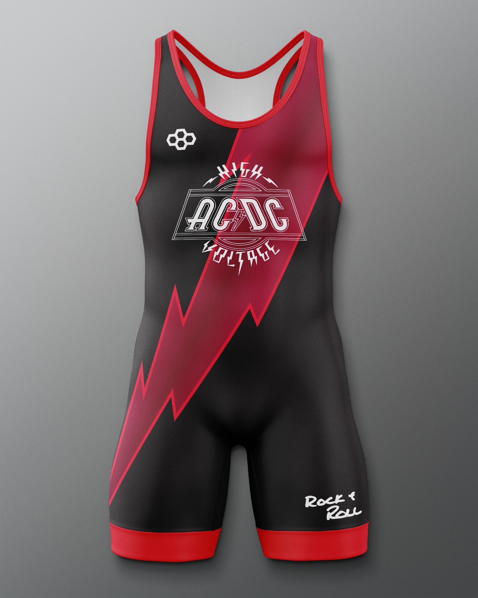 Black and red wrestling singlet with AC/DC logo on a gray background