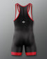 Black and red athletic suit with a logo on a gray background