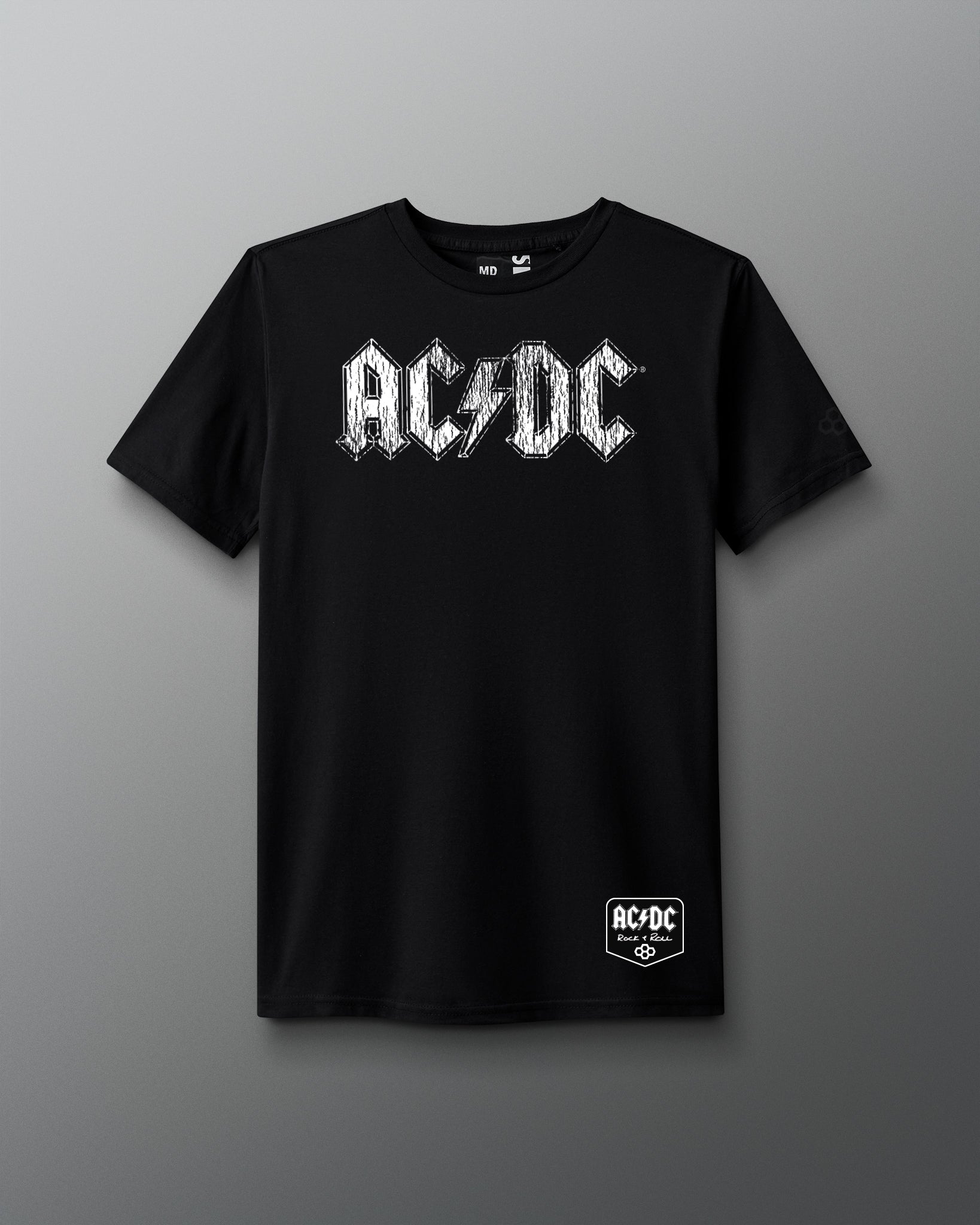 Black t-shirt with AC/DC logo on a gray background