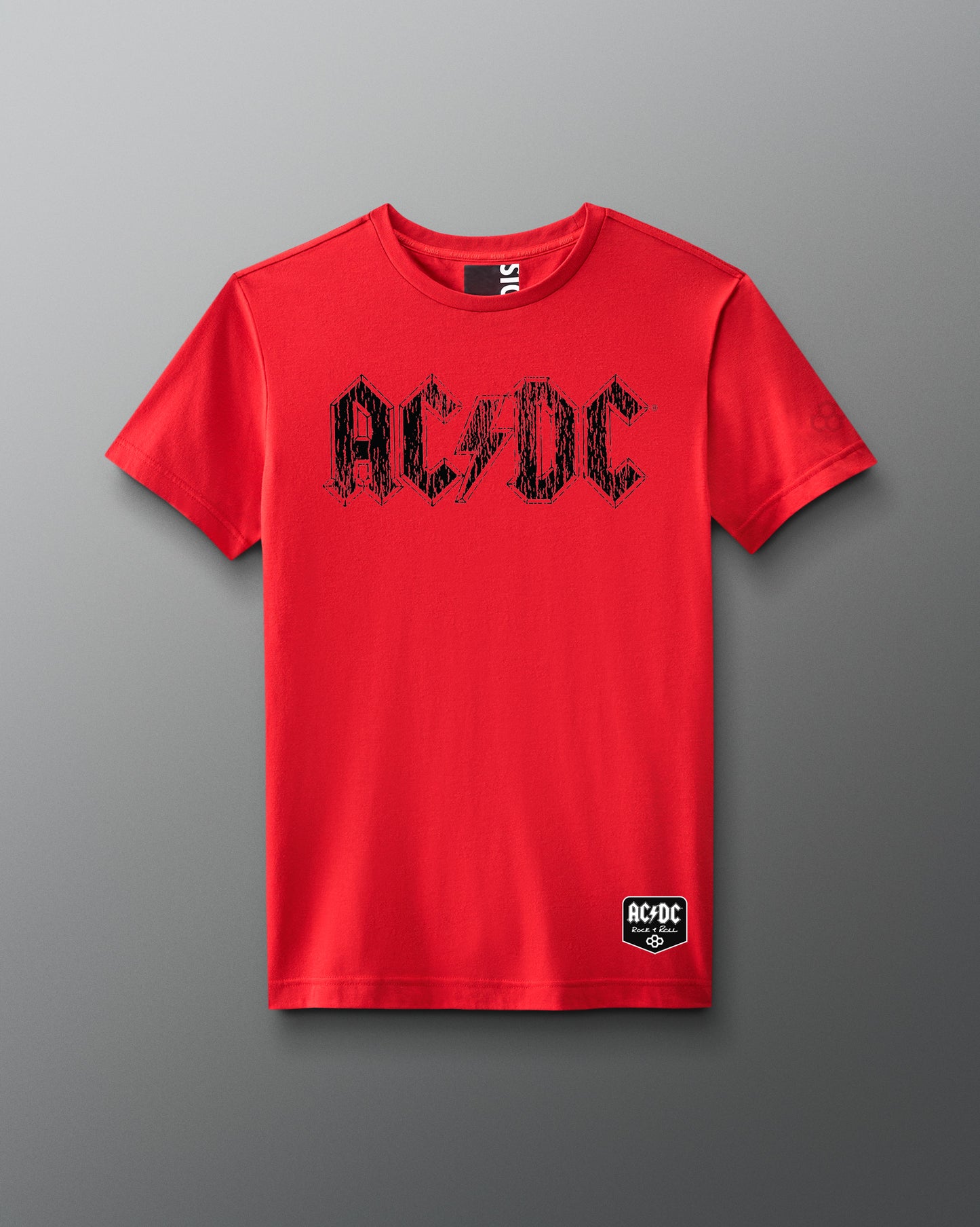 Red t-shirt with AC/DC logo on a gray background