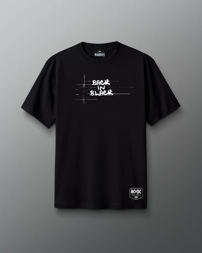 Black t-shirt with white text and logos on a gray background
