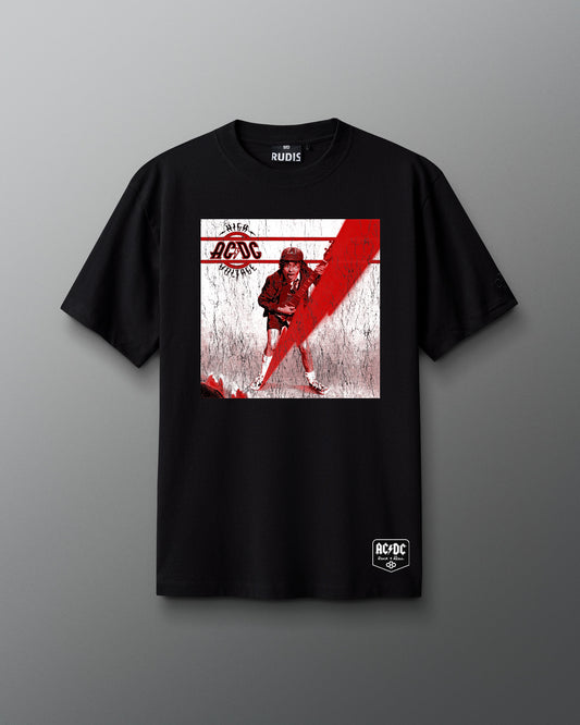 Black t-shirt with AC/DC graphic design on a gray background