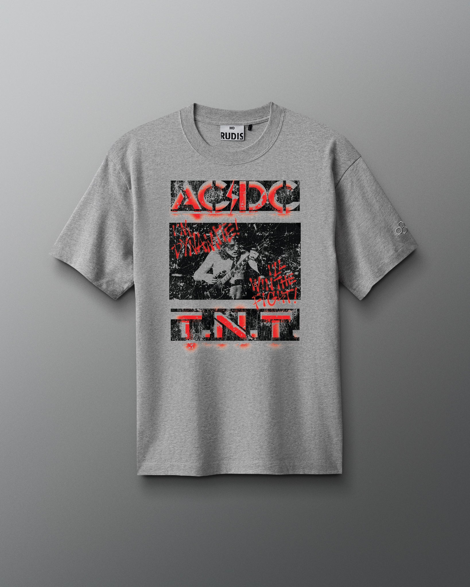 Gray t-shirt with AC/DC graphic design on a gray background