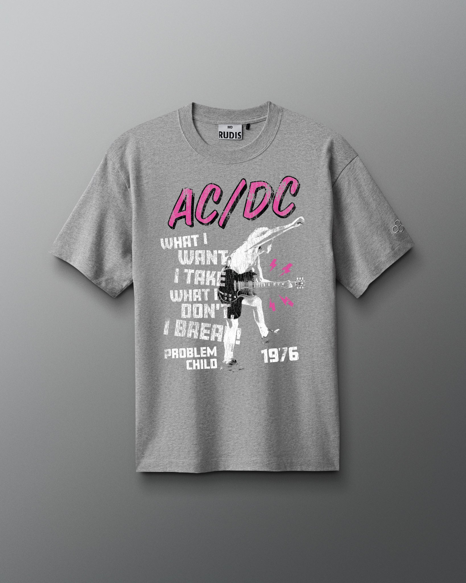Gray t-shirt with AC/DC graphic design on a gray background