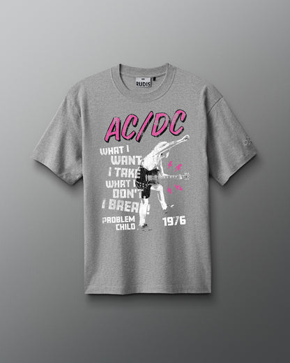 Gray t-shirt with AC/DC graphic design on a gray background