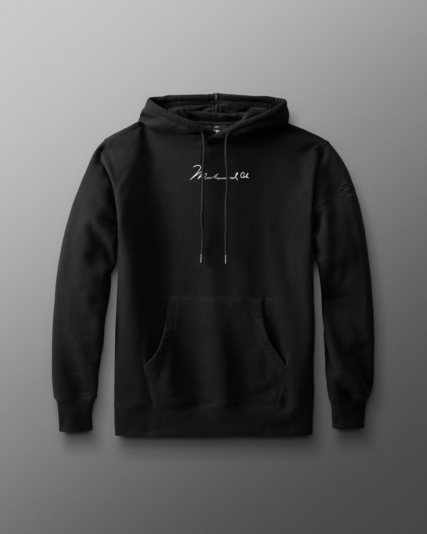 Black hoodie with a brand logo on a gray background
