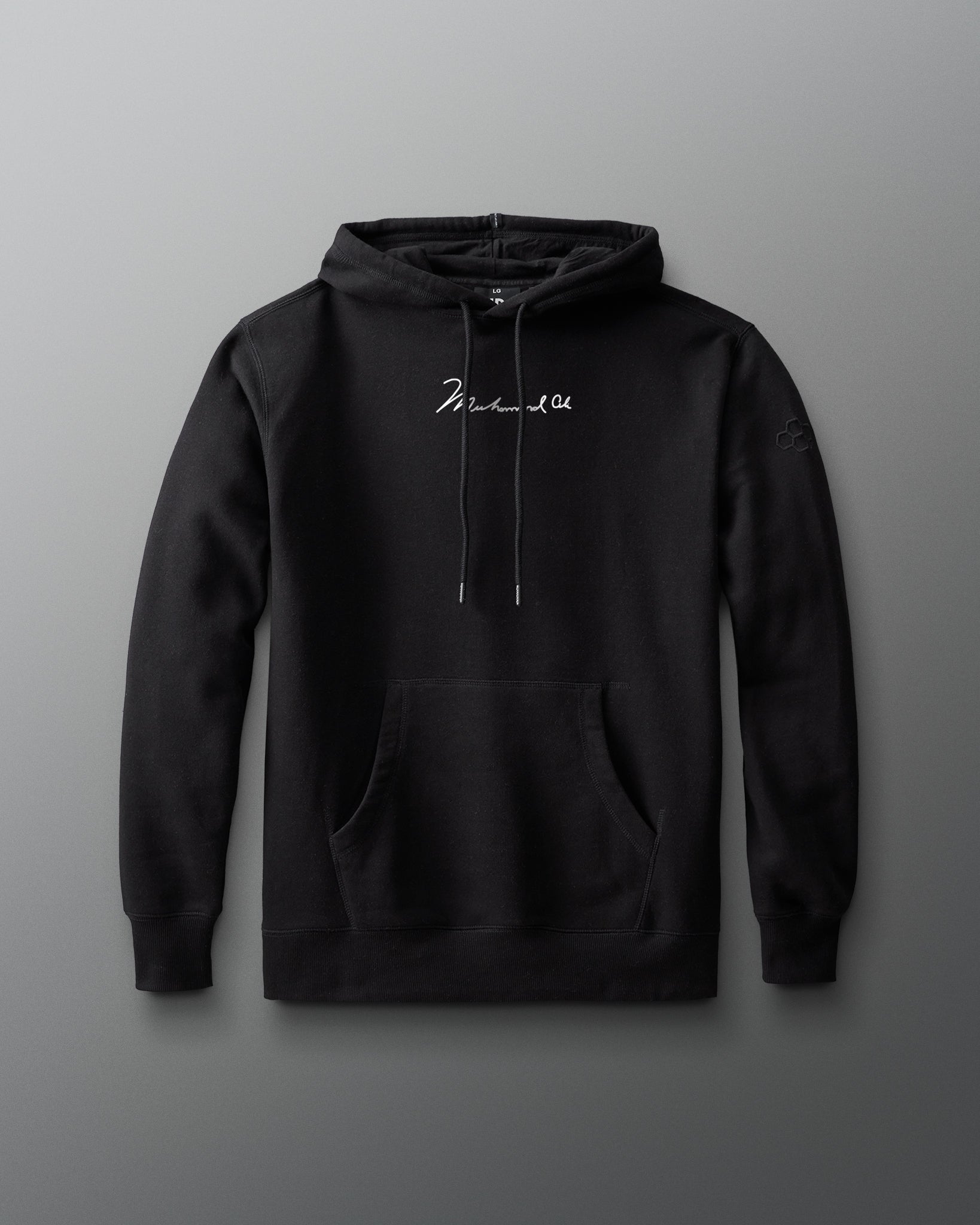 Black hoodie with a brand logo on a gray background
